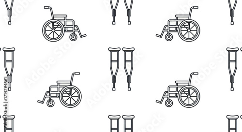 Seamless pattern of wheelchairs and crutches medical mobility aids.