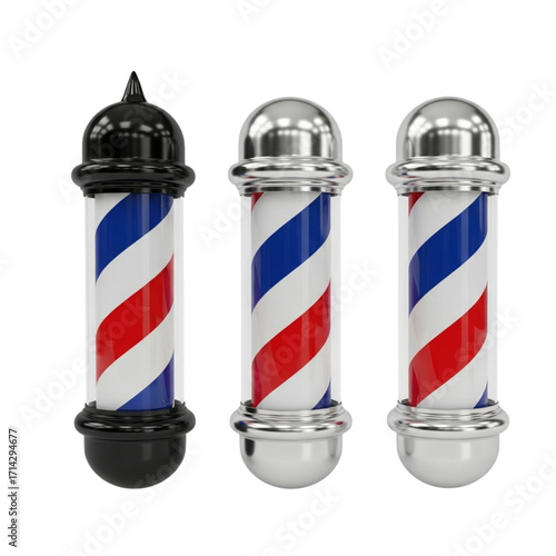 Classic Barber Pole Icons with Red, White, and Blue Stripes
