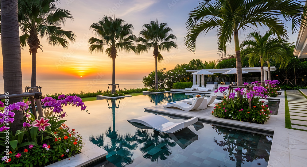 Fototapeta premium Luxury Tropical Villa Oasis with Infinity Pool and Ocean View at Sunset