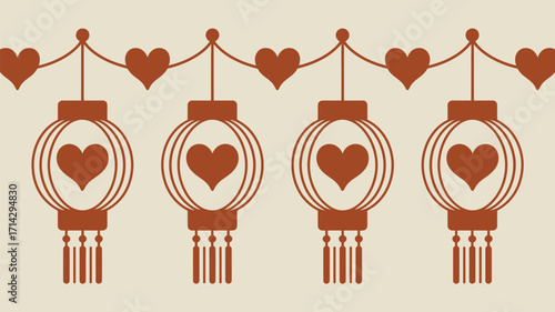A festive garland of heart shaped lanterns hanging on a string in a repeating pattern design element