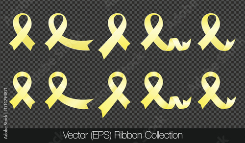 Set of vector yellow awareness ribbons isolated on transparent background for military support, suicide prevention, bladder cancer campaigns. Ribbon designs for healthcare, awareness posters