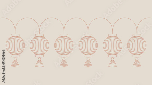 A repeating pattern of six hanging lanterns with tassels on a light beige background in a simple design