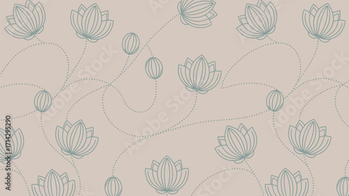 Seamless pattern with lotus flowers and buds connected by dotted lines on a light beige background