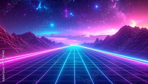 Futuristic road through a vibrant starry landscape