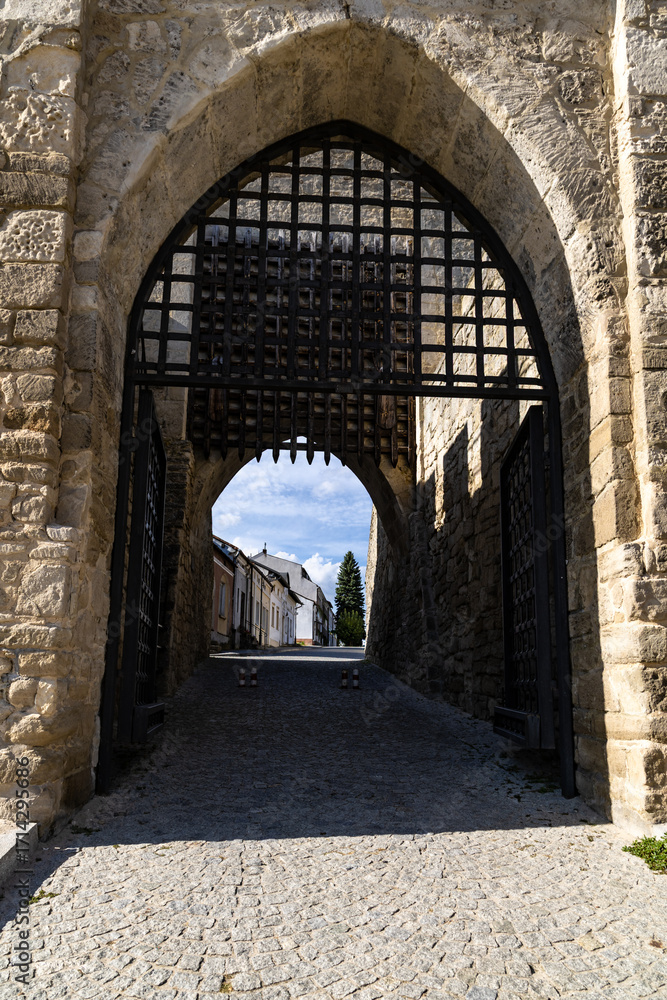 Naklejka premium Close-up. Medieval city gate. Interior of the stone Cracow Gate. Szydlow, Swietokrzyskie Province, Poland.