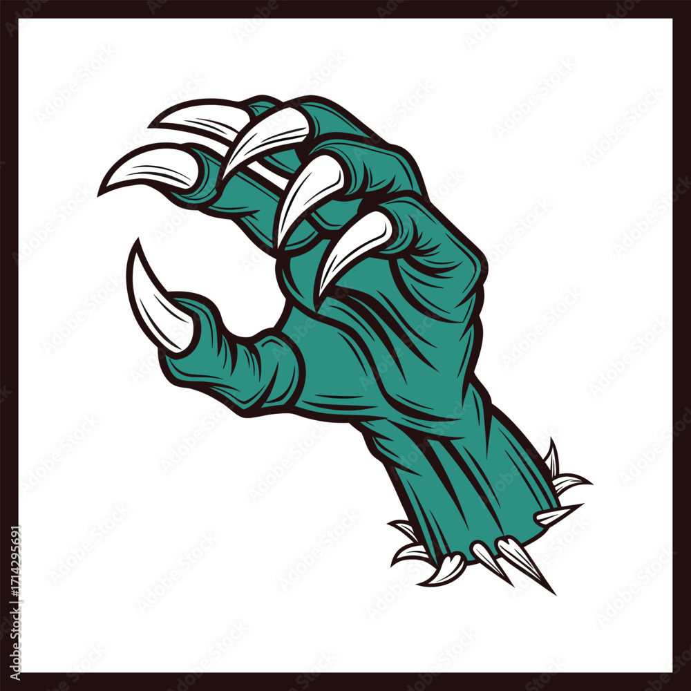 Obraz premium Scary Monster Hand with Sharp Claws Illustration, Green Zombie Arm Vector Design with Long Nails, Creepy Horror Halloween Graphic Element for Mascot, Tattoo, Sticker, Logo and Spooky Decorative Artwor