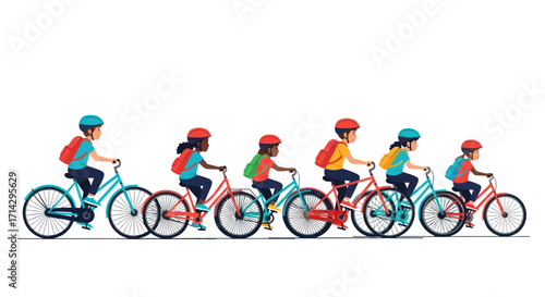 Group of Children Riding Colorful Bicycles with Helmets.