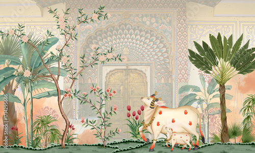 Canvastavla Pichwai and traditional cow on mughal background