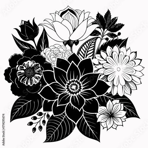 "A bunch of fresh lotus, marigold, hibiscus, and jasmine flowers arranged for puja, detailed, vibrant white brackgraund black colour