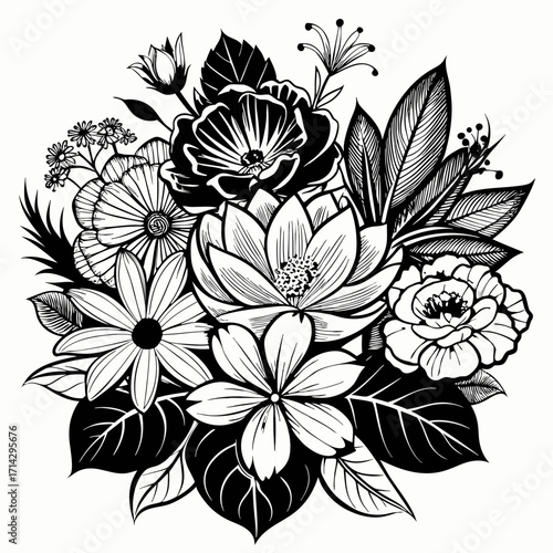 "A bunch of fresh lotus, marigold, hibiscus, and jasmine flowers arranged for puja, detailed, vibrant white brackgraund black colour