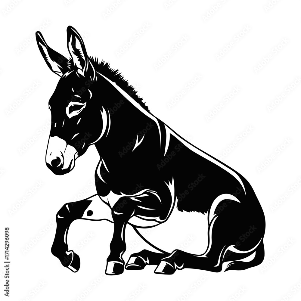 Fototapeta premium Vector illustration of a sitting baby donkey foal in a graphic black and white stencil style