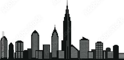 Modern city skyline silhouette, urban architecture vector illustration, tall skyscraper landmark, blue and black building shapes, metropolitan design graphic for branding