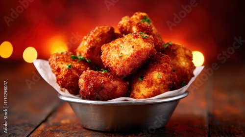 A tempting array of golden crispy nuggets piled in a stylish bowl, designed to capture the attention and stimulate the appetite with their rich textures and colors.