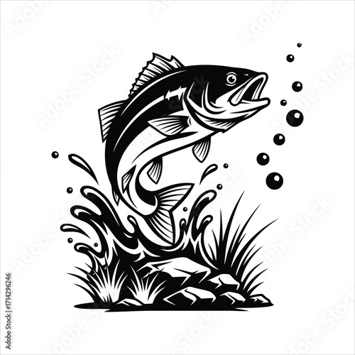 Vector logo of a largemouth bass fish leaping from the water for a fishing sport emblem