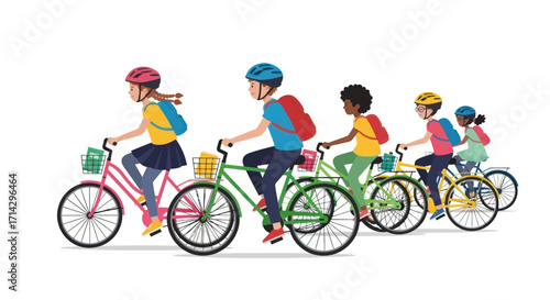Diverse group of children happily riding bicycles with backpacks and helmets.