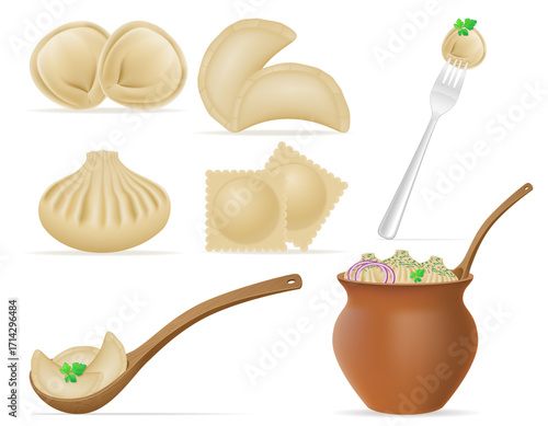 variety of dumplings made from dough and minced meat cartoon stock vector illustration isolated on white background