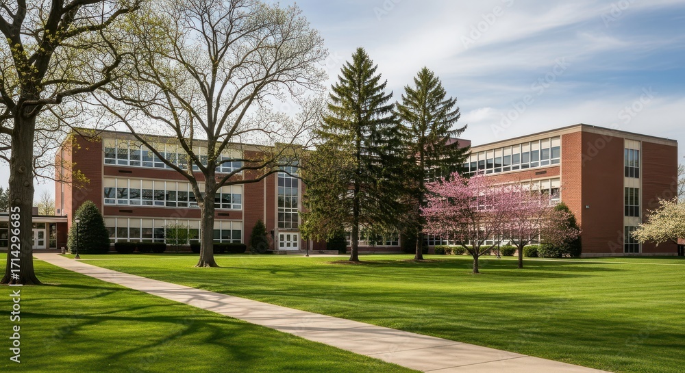 Obraz premium Springtime campus scene with brick buildings and blooming trees