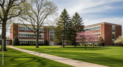 Springtime campus scene with brick buildings and blooming trees