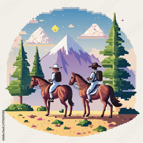 Hiking Adventure on Horseback Pixel Art Journey Through Mountains and Forests