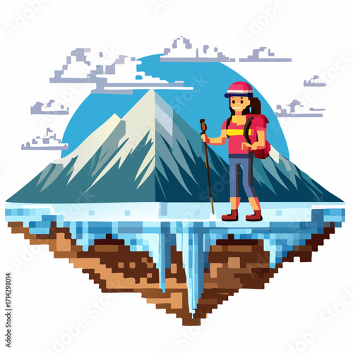An intrepid explorer embarks on a challenging pixel art hiking journey up a majestic snowy mountain, showcasing the spirit of outdoor exploration in a unique digital style