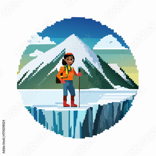 Pixelated Adventurer A Retro Hiking Adventure in the Snowy Mountains