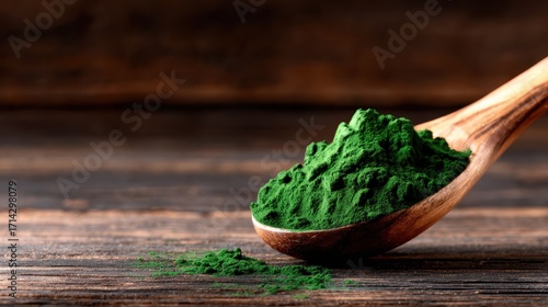 A close-up view of bright green spirulina powder heaped in a wooden spoon, showcasing its rich color and texture against a rustic wooden background.