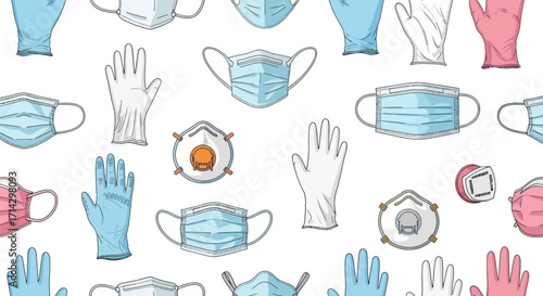 Seamless Pattern of Medical Masks and Gloves.