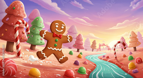 Gingerbread Man Running Through Candy Land Fantasy Christmas Scene Illustration