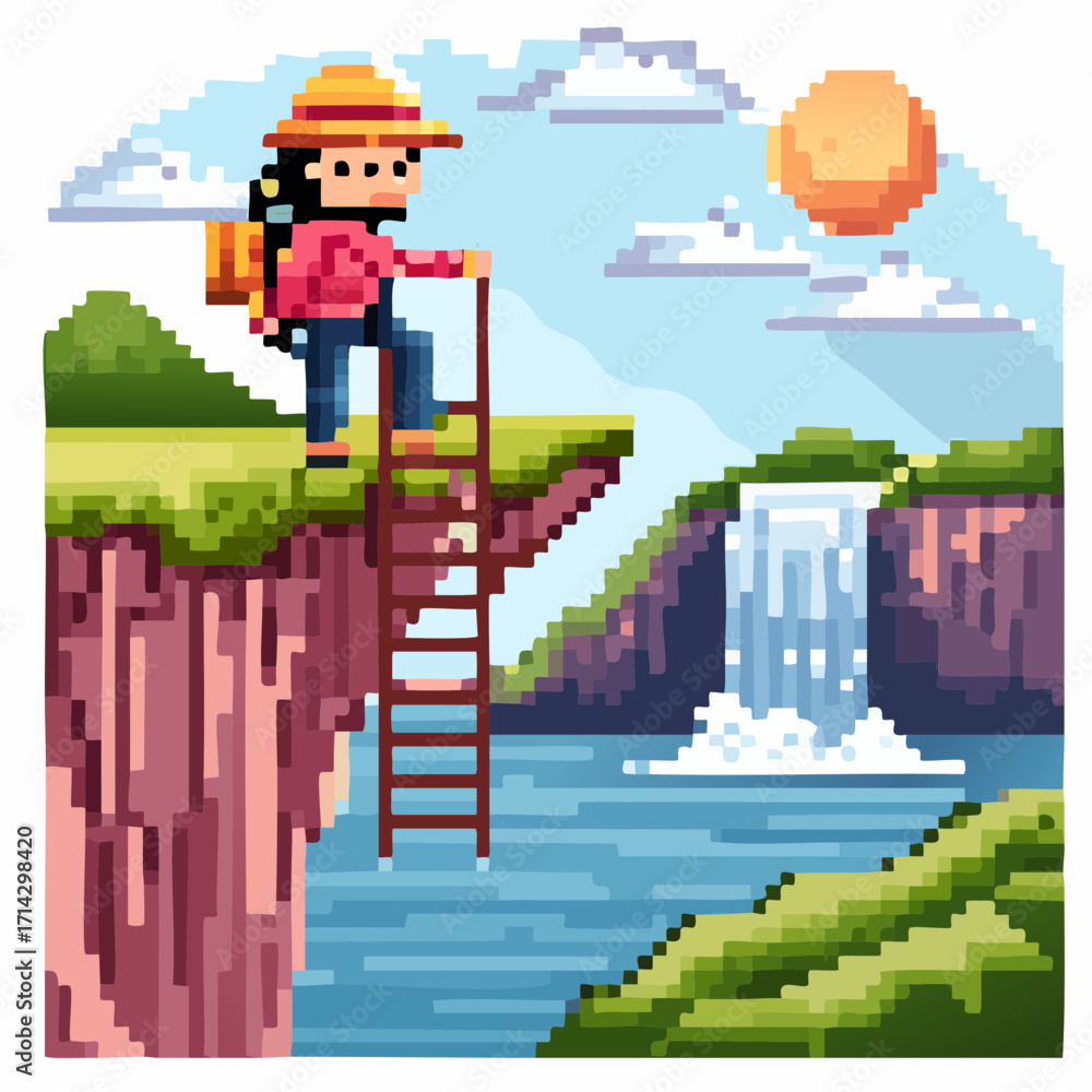 Obraz premium Pixel Art Hiking Adventure Scaling Cliffs Near a Stunning Waterfall