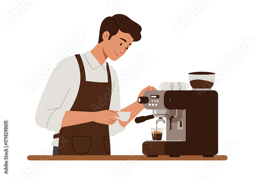 Barista making coffee with espresso machine, cafe worker preparing beverage