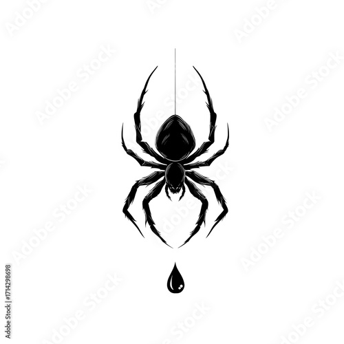 A black spider descending on a web towards a drop of blood is perfect for Halloween or a creepy theme.