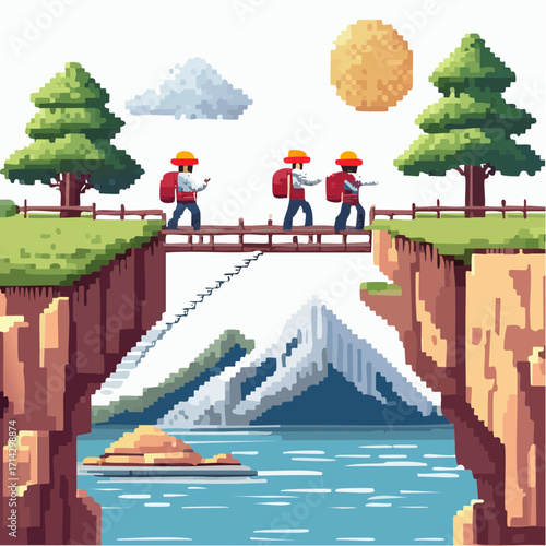 Pixelated Hiking Adventure Bridge Crossing with Backpacks and Scenic Mountain Views