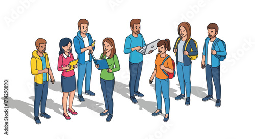 Group of Diverse Students Standing Together Studying and Interacting.
