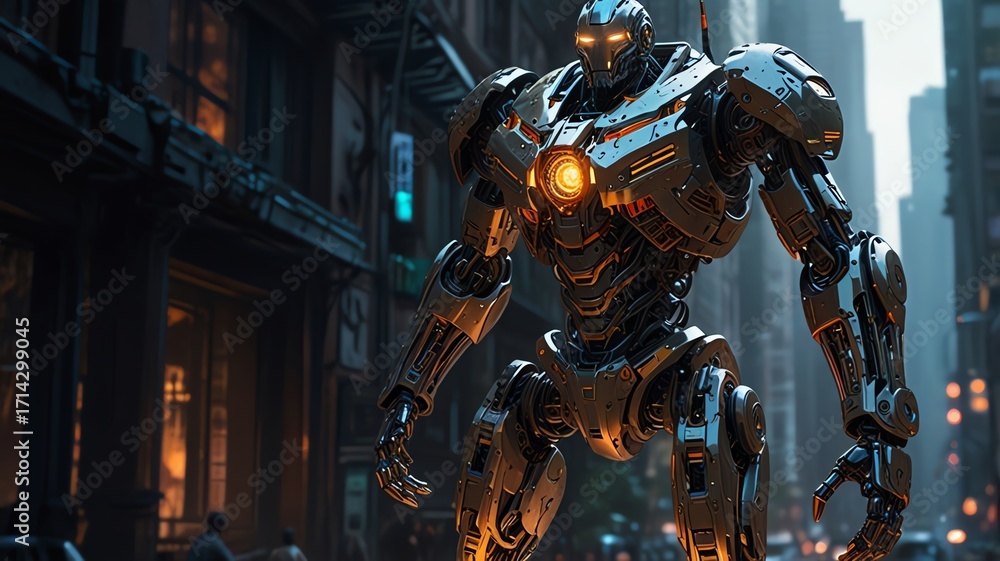 Fototapeta premium Futuristic robot in a cityscape at night.