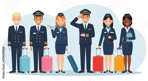 Vector illustration of a pilots and flight attendants