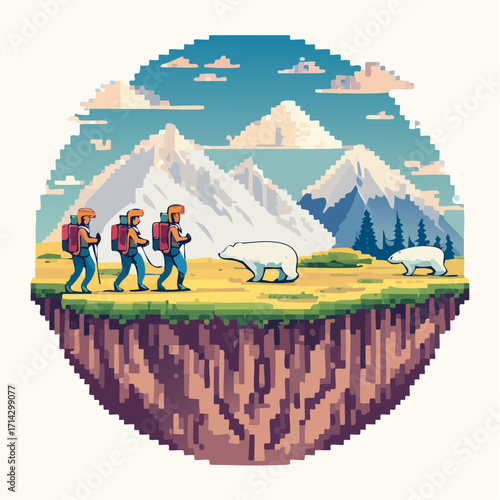 Pixelated adventure of hikers on a floating island encountering polar bears amidst a mountain landscape