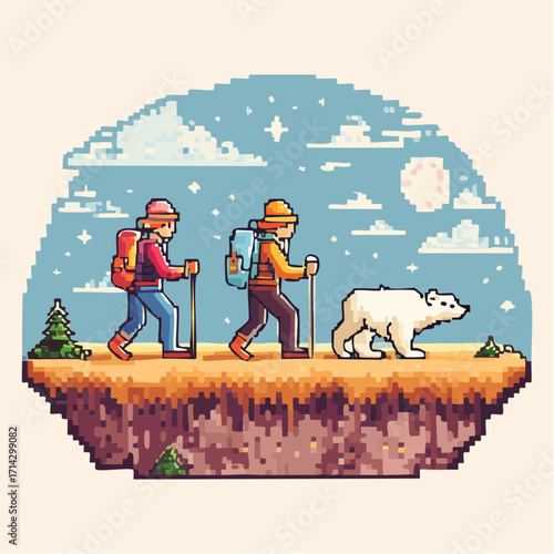 Pixel art illustration of a couple on a fantasy hiking adventure with a polar bear companion on a floating island