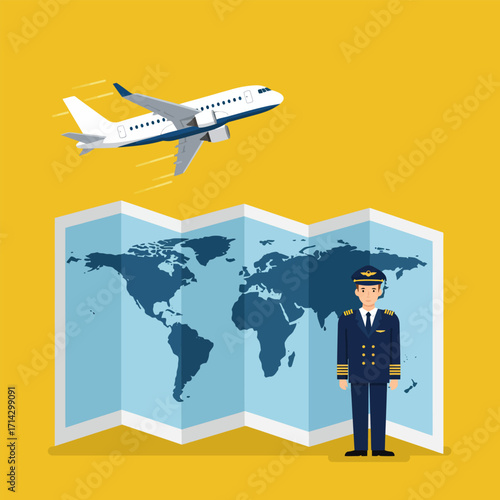 Airplane, map, and pilot, vector illustration design