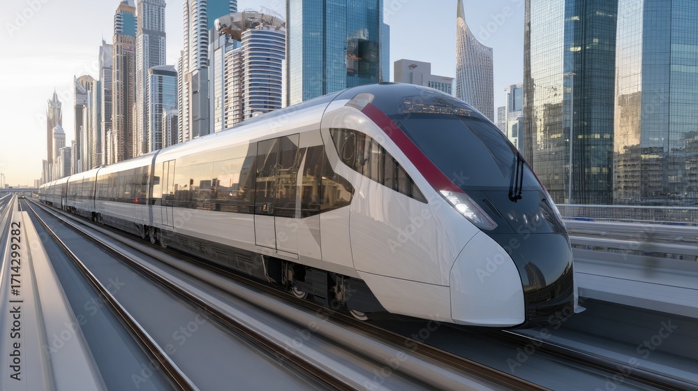 Naklejka premium Modern High-Speed Train Travelling on Elevated Tracks in a Futuristic Cityscape with Skyscrapers at Sunset