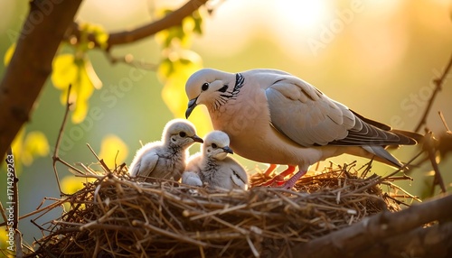 Birds in nest, sunlight