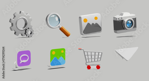 3D UI Icons: Settings, Search, Media, Shop, Mail