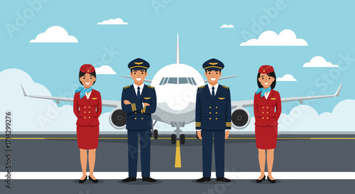 Vector illustration of a pilot and flight attendant with an airport runway and airplane in the background