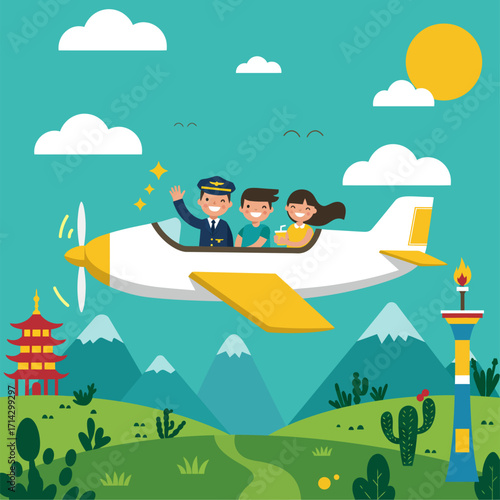 Vector illustration of a pilot flying a plane with passengers