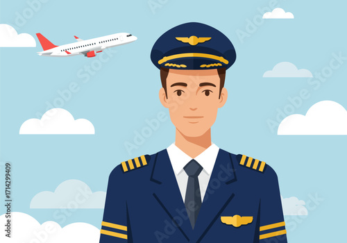 A male pilot with an airplane in the blue sky background