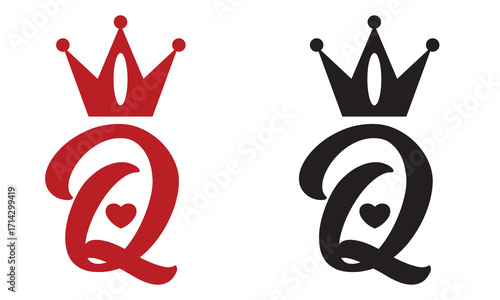 Queen of hearts card symbol vector . Queen playing card symbol in black and red. Two stylized queen playing card icons in black and red colors, featuring crown, letter Q, and heart suit symbol below.
