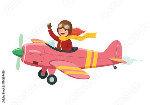 A female pilot and airplane, vector illustration