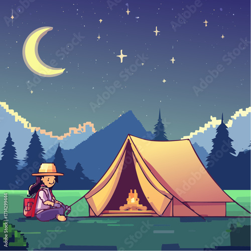Hiking Adventure Under the Stars at Campsite Pixel Art Illustration