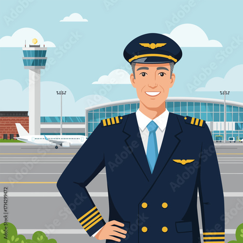 A male pilot with an airport and airplane background