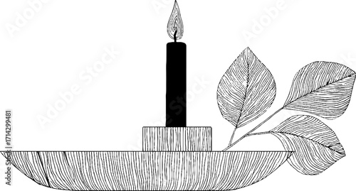 Minimalist black and white line art illustration of a candle with leaves for decorative design