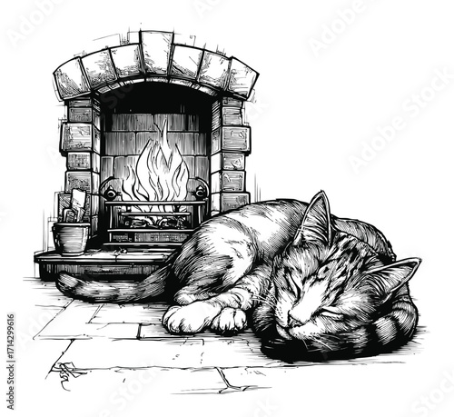 Hand-Drawn Engraving of Cat Sleeping by a Cozy Fireplace with Flames